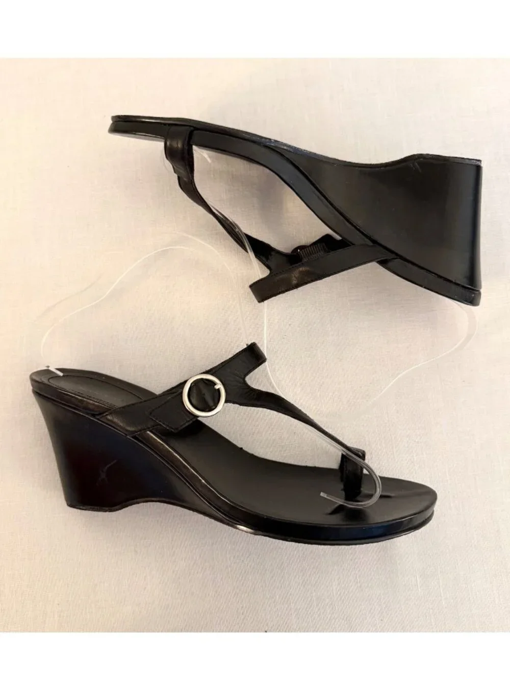 Style and Co Womens Sandals Size 8 half Elmara Black Leather Wedge Shoes
